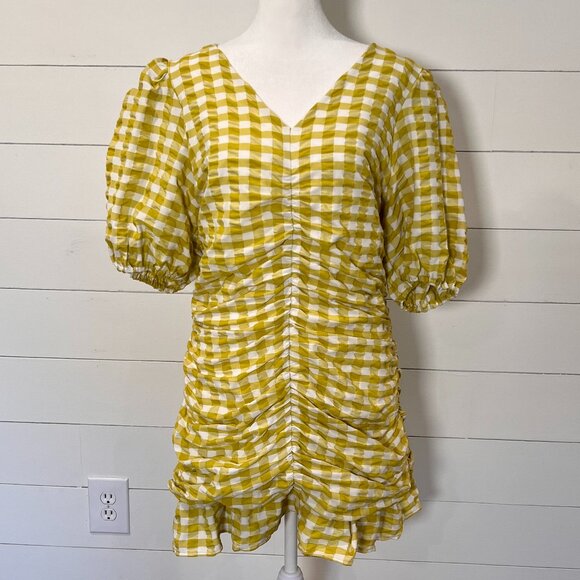Skies Are Blue Chartreuse/White Checkered Dress with Rouching Size L - Picture 1 of 8